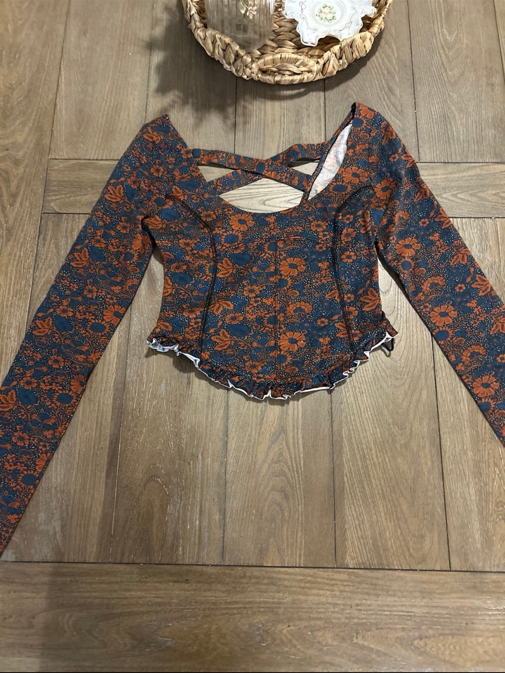 Free People Floral Long-Sleeve Cropped Top in Navy and Rust Orange